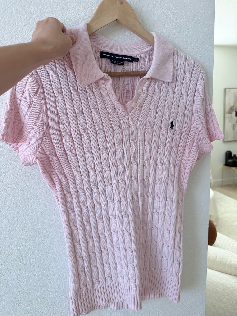 Ralph Lauren Sport Pink Cable Knit Collared Polo Sweater 100% Cotton Size L Rare - Picture 2 of 8
